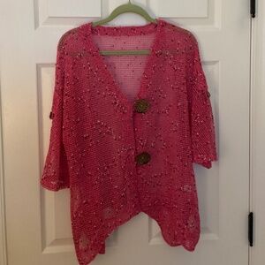 LU-LU B OVERLAY TOP.  SIZE L.  PRETTY PINK W/FLECKS OF WHITE & BLACK.  EASY CARE